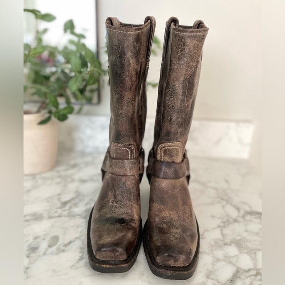 Frye Harness Biker Boots 12R Brown Distressed Leather Size 7 Med Width Moto USA - Picture 5 of 14